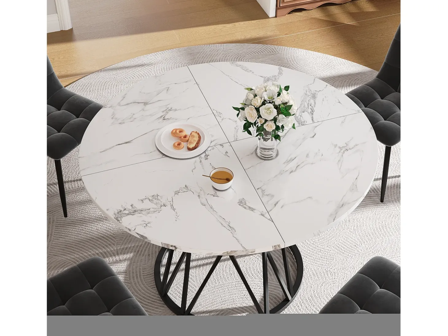 Mesa de comedor redonda de 100 cm, tablero de MDF de PVC efecto mármol, patas de metal negro - para comedor y salón