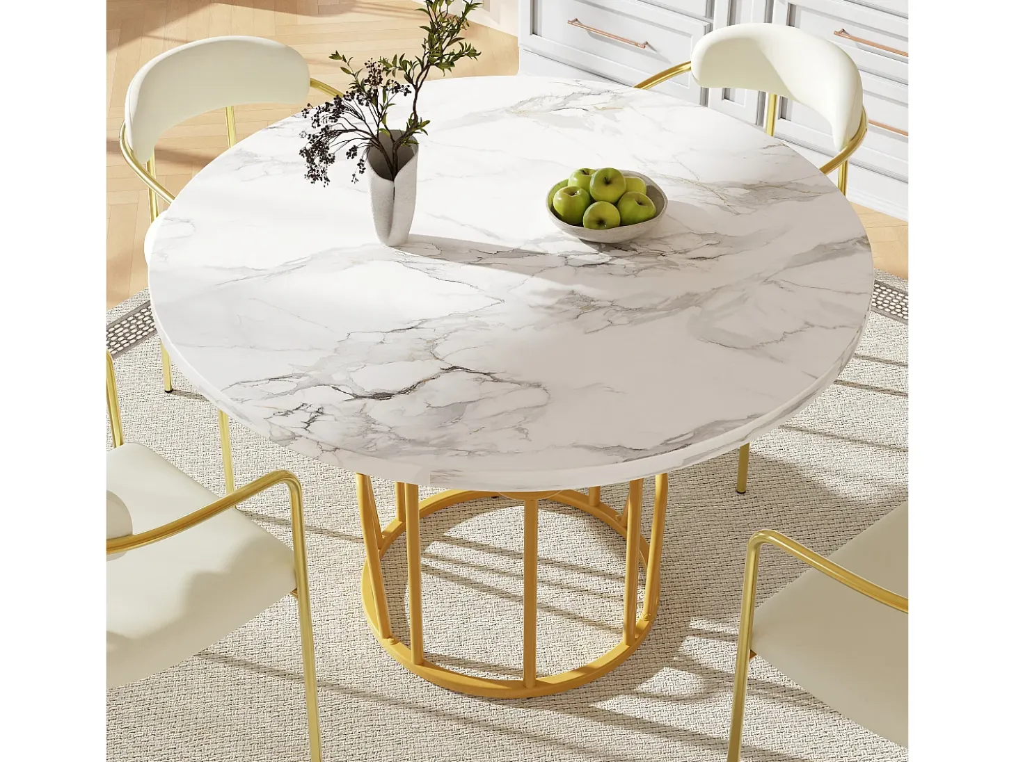 Mesa de comedor redonda, diseño elegante, MDF marmolado, patas doradas (80x80x76 cm)