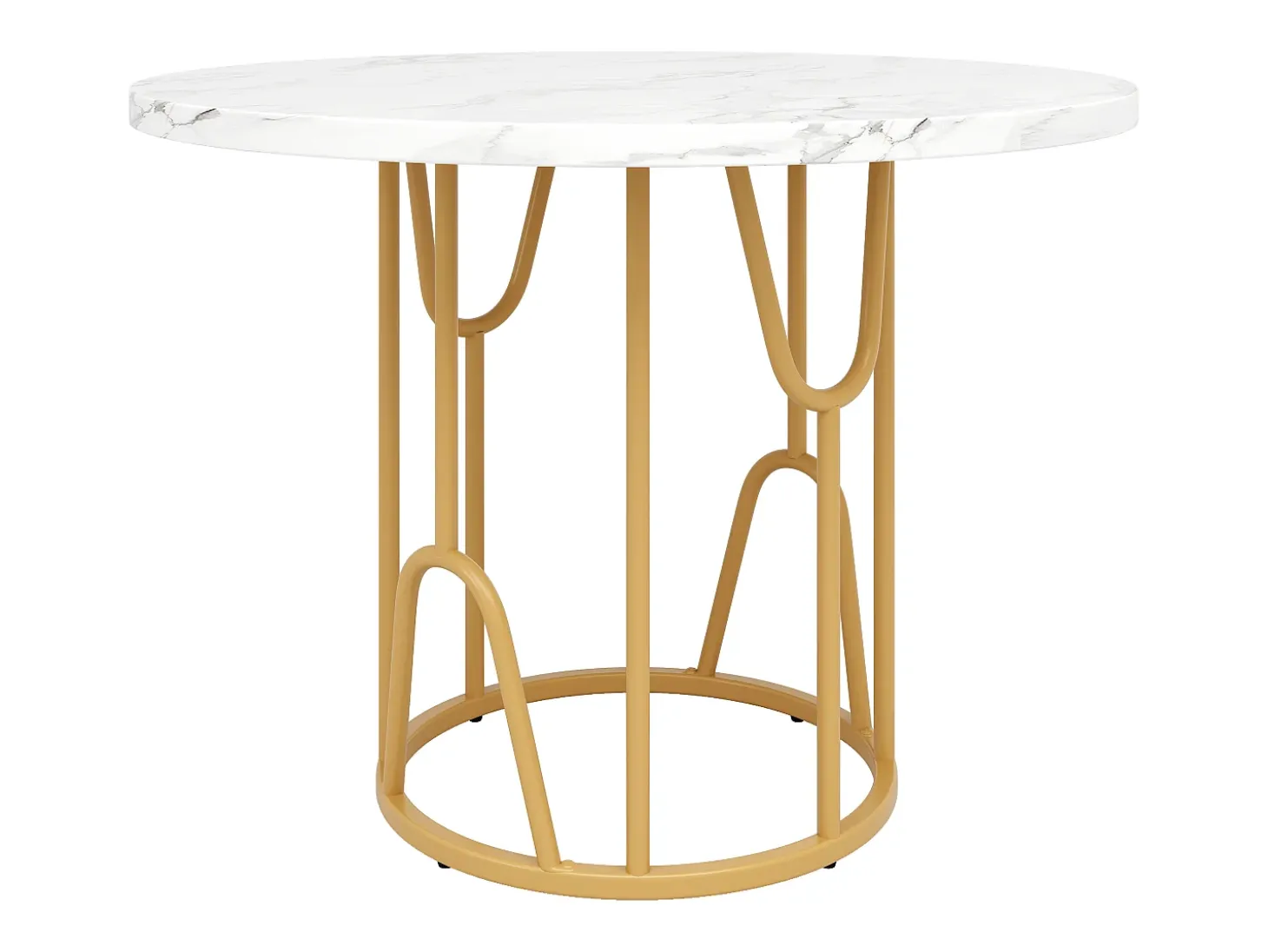 Mesa de comedor redonda, diseño elegante, MDF marmolado, patas doradas (80x80x76 cm)