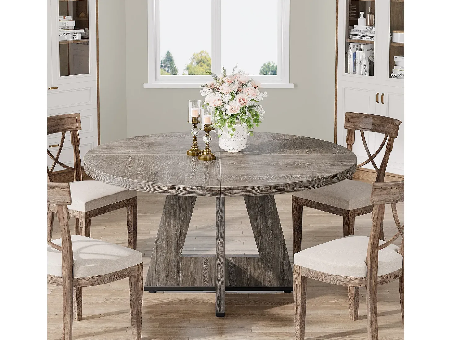 Mesa de comedor redonda de 120 cm para cocina, salón de comedor y sala de estar, color gris (solo la mesa)