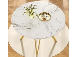 Mesa de comedor redonda de 100 cm con tablero de MDF efecto mármol y patas de metal dorado - para cocina y salón