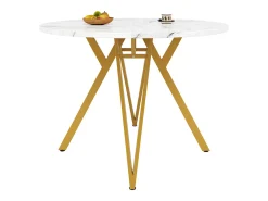 Mesa de comedor redonda de 100 cm con tablero de MDF efecto mármol y patas de metal dorado - para cocina y salón