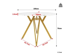 Mesa de comedor redonda de 100 cm con tablero de MDF efecto mármol y patas de metal dorado - para cocina y salón