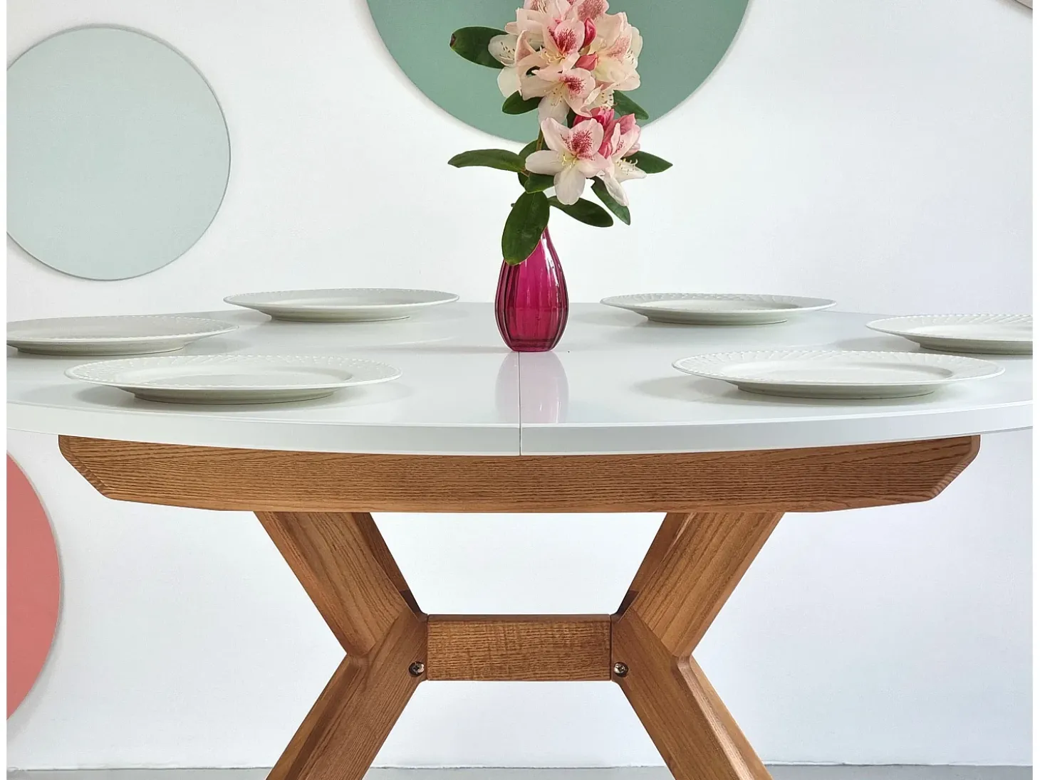Mesa de comedor redonda extensible 110cm Biju Verde Salvia Roble