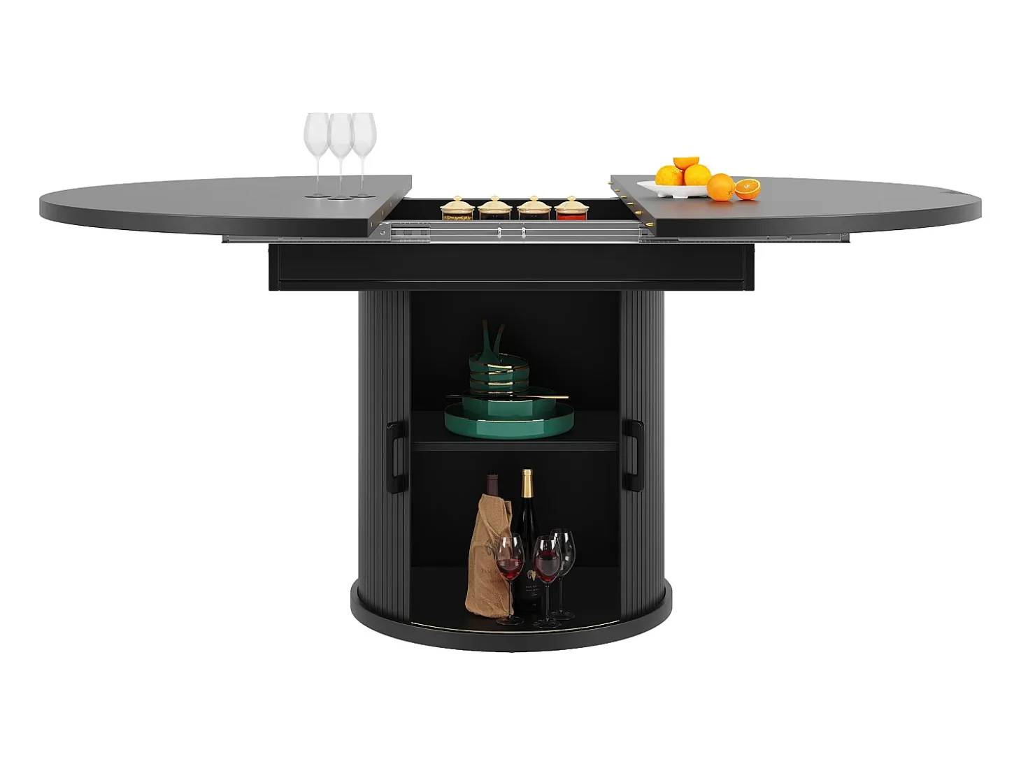 Mesa de comedor redonda extensible - Mesa extensible con 2 puertas y 6 patas ajustables - negra - para comedor y sala de estar