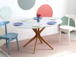 Mesa de comedor redonda extensible 100cm 5 personas Jubi Blanca | Pata de fresno teñida de roble