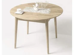 Mesa de comedor redonda extensible de 100 a 130 cm en roble macizo blanqueado Kundy