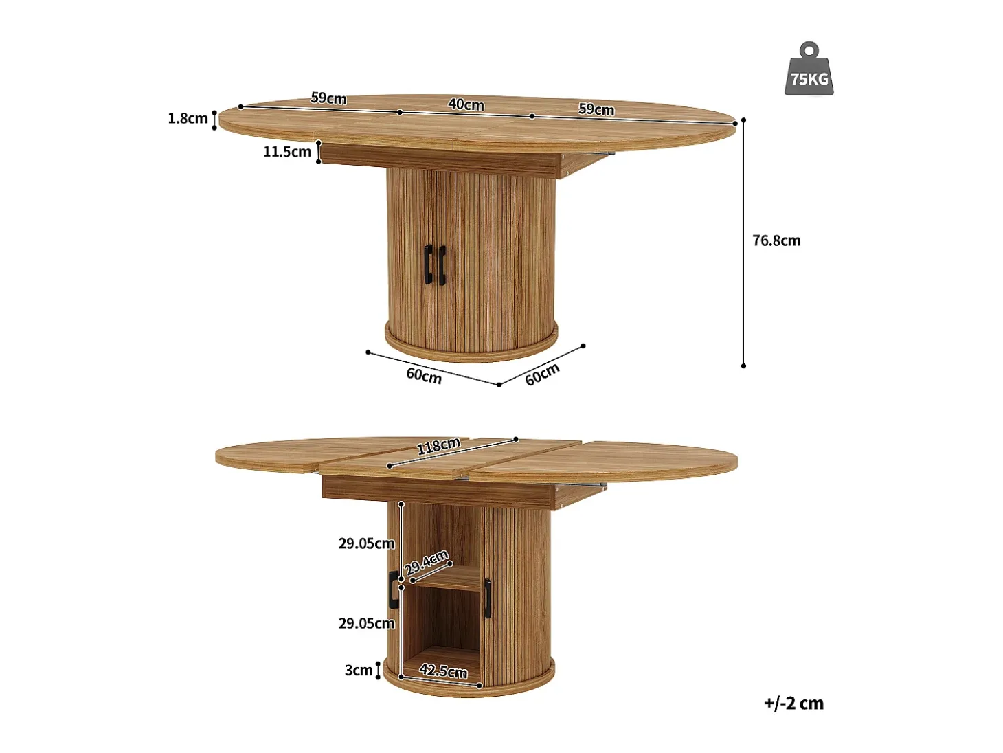 Mesa de comedor redonda extensible - Mesa extensible con 2 puertas y 6 patas ajustables - nogal - para comedor y sala de estar