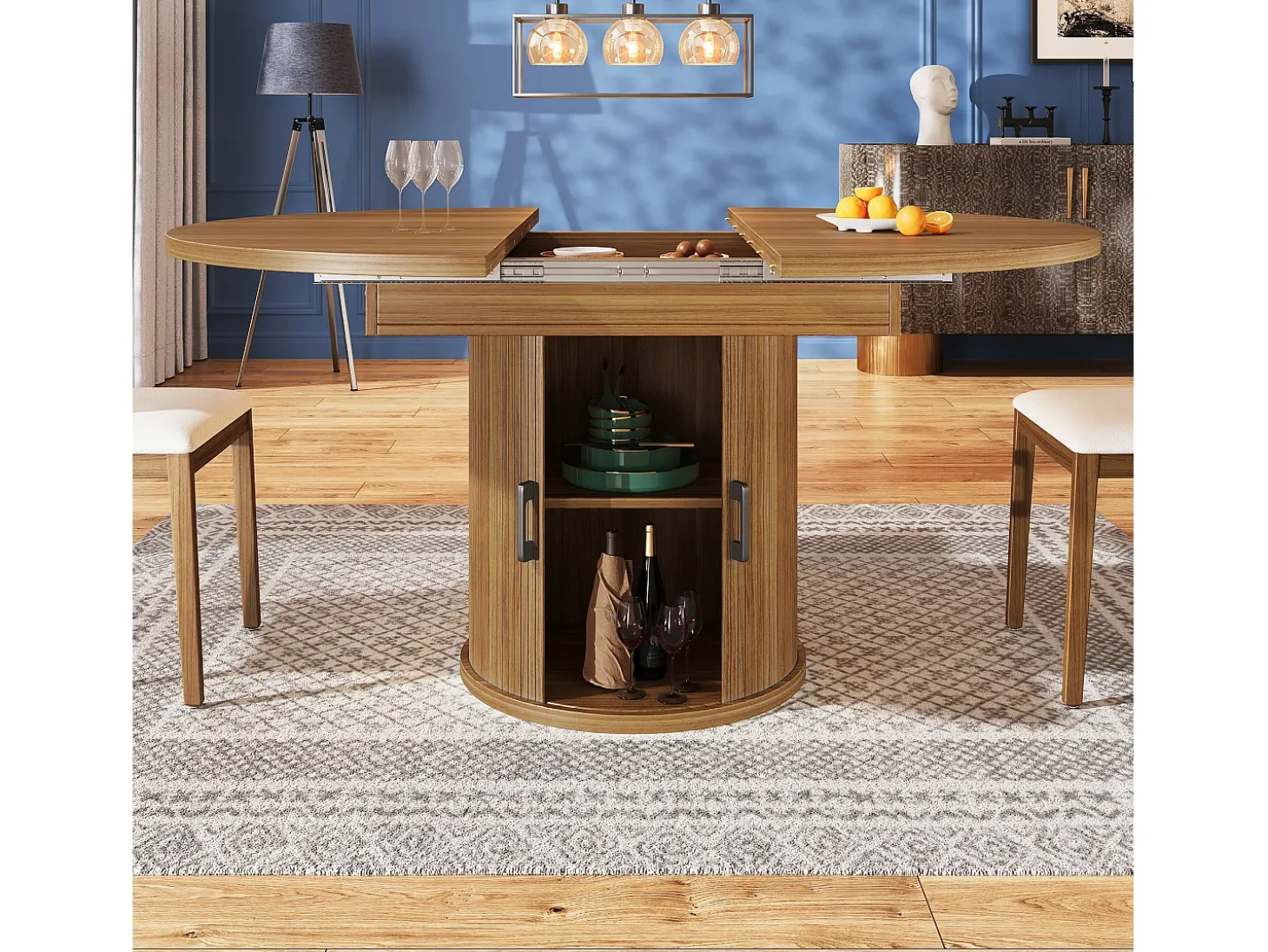 Mesa de comedor redonda extensible - Mesa extensible con 2 puertas y 6 patas ajustables - nogal - para comedor y sala de estar