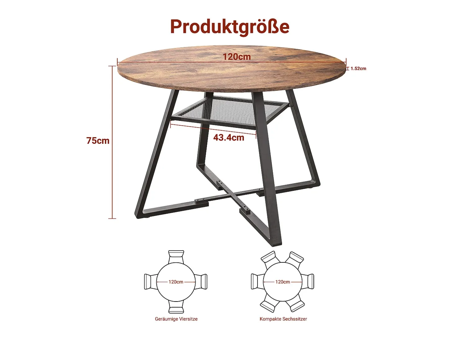 Mesa de comedor redonda industrial de 120 cm, estilo vintage, con estante de almacenamiento, para 4-6 personas, para cocina y comedor.