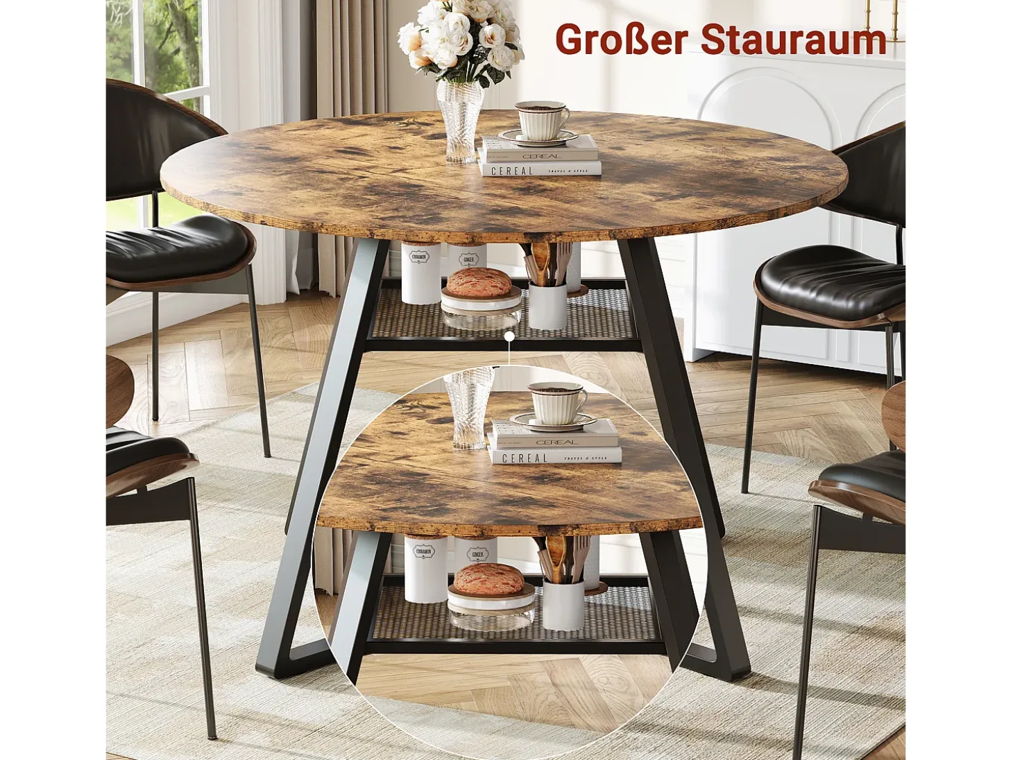 Mesa de comedor redonda industrial de 120 cm, estilo vintage, con estante de almacenamiento, para 4-6 personas, para cocina y comedor.