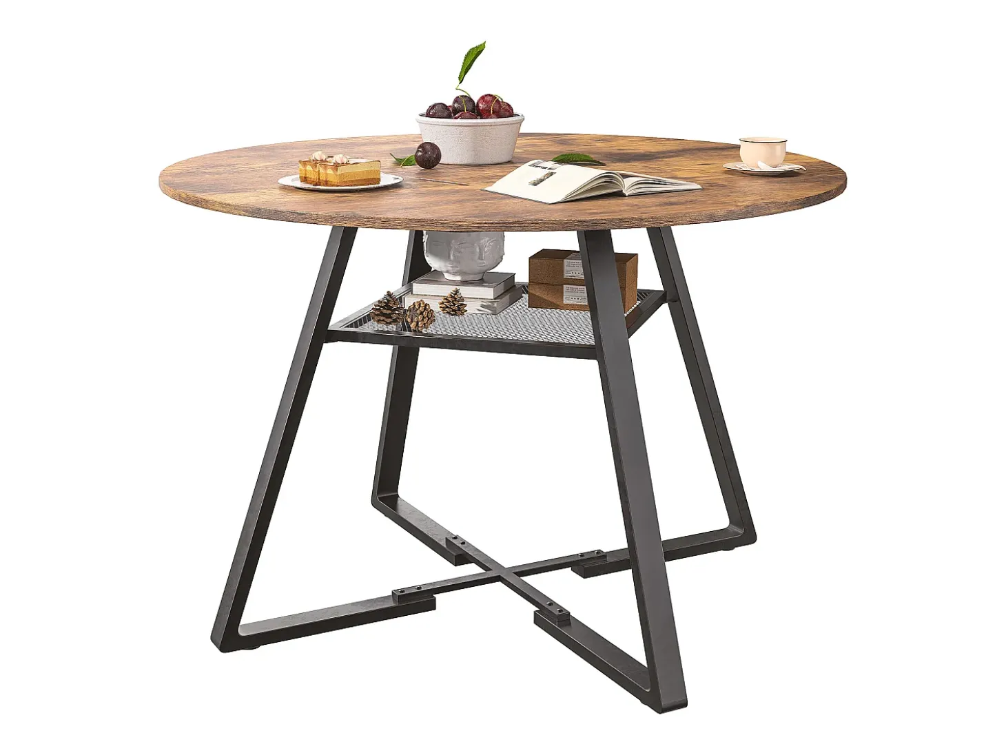 Mesa de comedor redonda industrial de 120 cm, estilo vintage, con estante de almacenamiento, para 4-6 personas, para cocina y comedor.