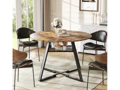 Mesa de comedor redonda industrial de 120 cm, estilo vintage, con estante de almacenamiento, para 4-6 personas, para cocina y comedor.