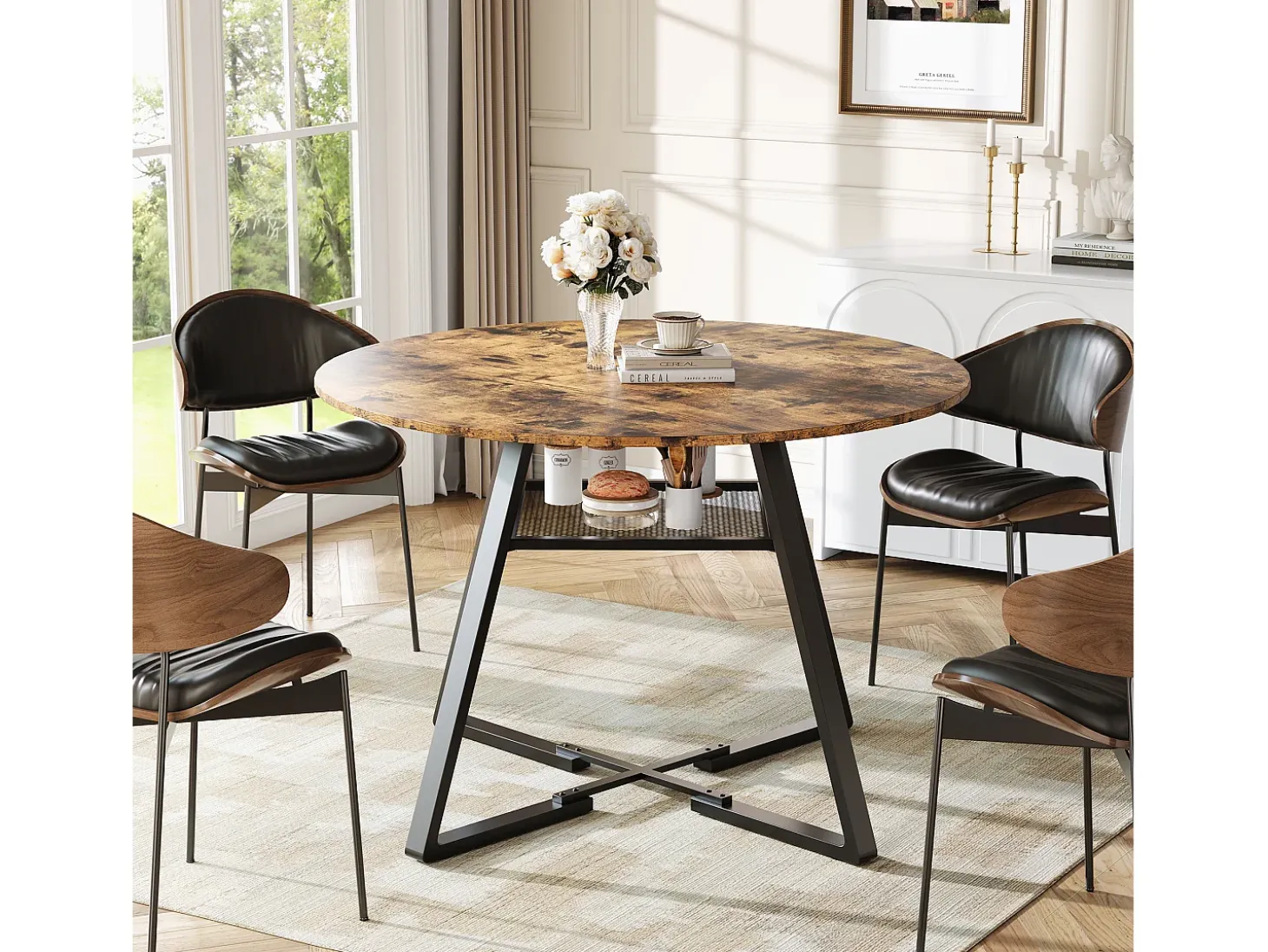 Mesa de comedor redonda industrial de 120 cm, estilo vintage, con estante de almacenamiento, para 4-6 personas, para cocina y comedor.