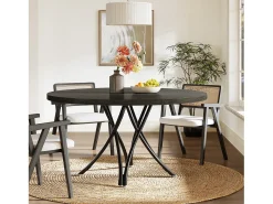 Mesa de comedor redonda, mesa de cocina redonda, mesa de comedor moderna de madera con patas cruzadas de metal resistentes, de color negro.