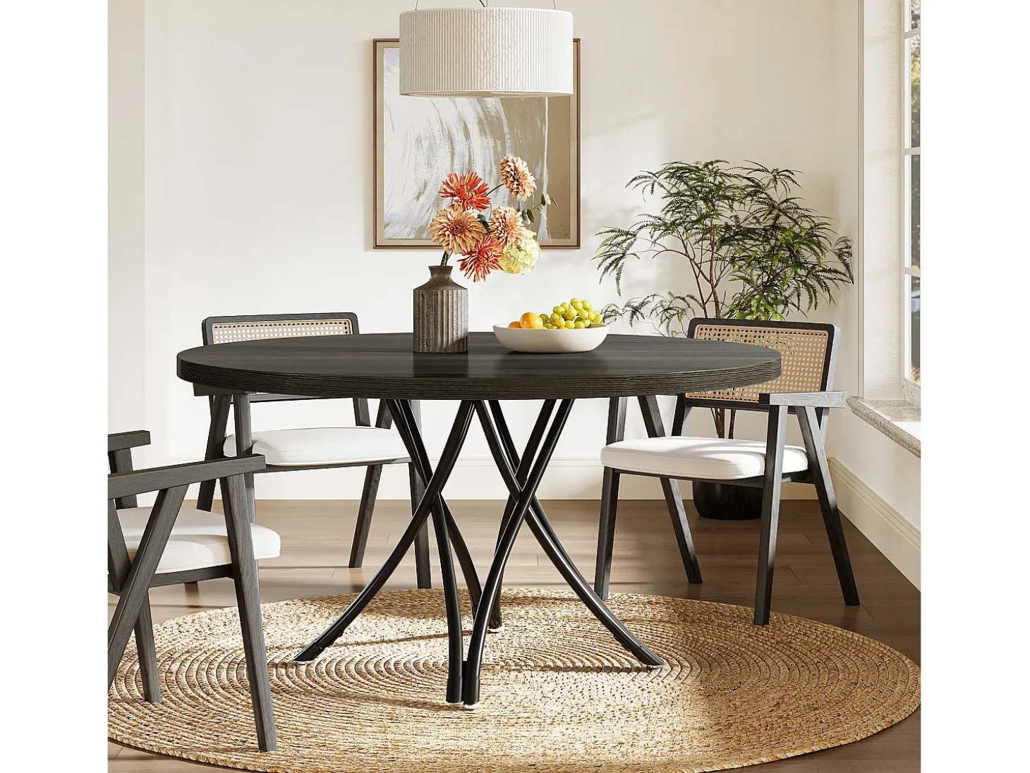Mesa de comedor redonda, mesa de cocina redonda, mesa de comedor moderna de madera con patas cruzadas de metal resistentes, de color negro.