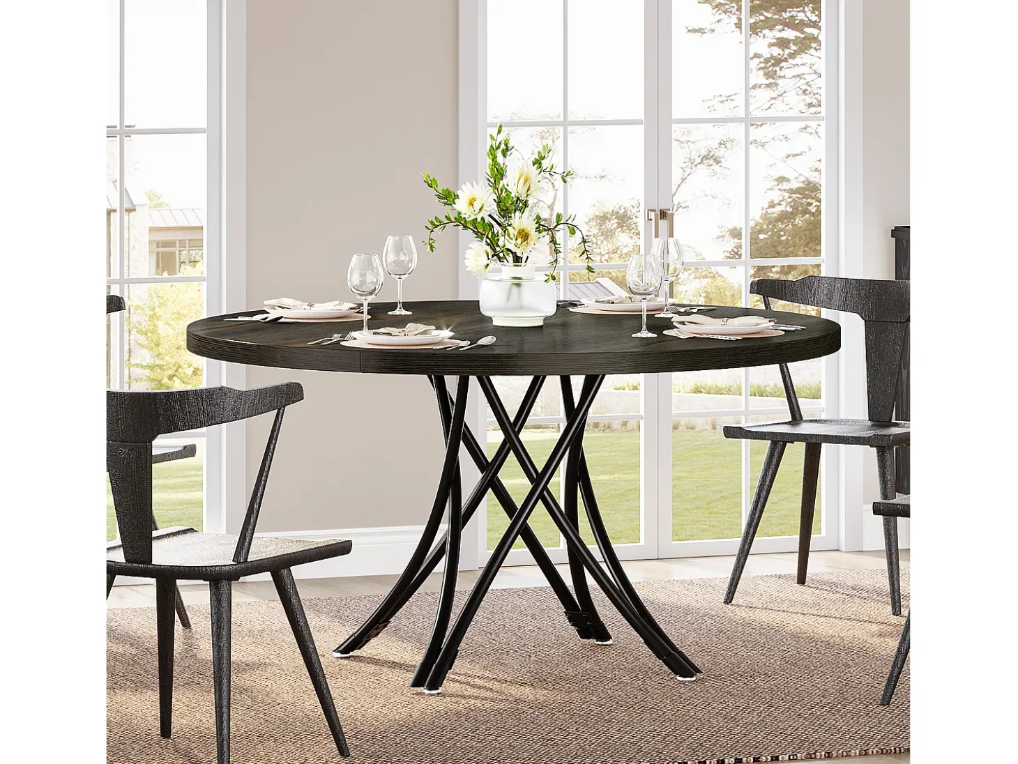 Mesa de comedor redonda, mesa de cocina redonda, mesa de comedor moderna de madera con patas cruzadas de metal resistentes, de color negro.