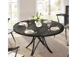 Mesa de comedor redonda, mesa de cocina redonda, mesa de comedor moderna de madera con patas cruzadas de metal resistentes, de color negro.