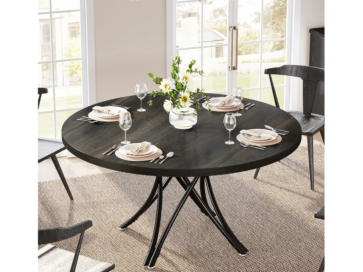 Mesa de comedor redonda, mesa de cocina redonda, mesa de comedor moderna de madera con patas cruzadas de metal resistentes, de color negro.