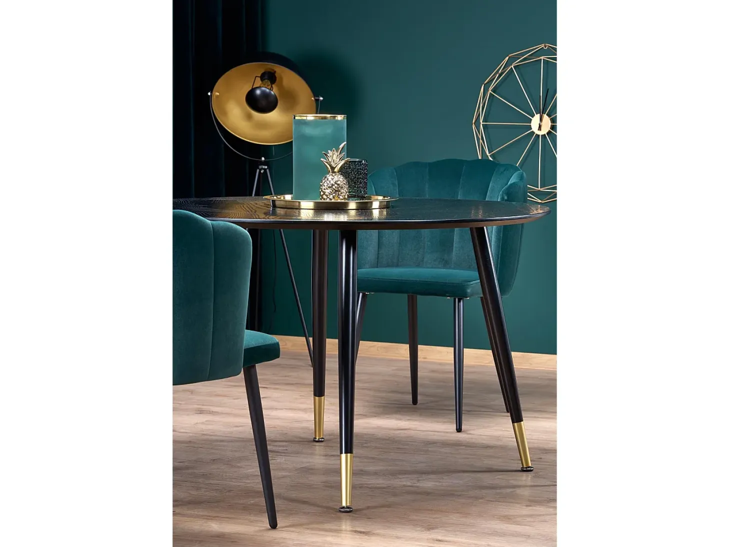 Mesa de comedor redonda negra de 120 cm con patas de acero Lady negras y doradas