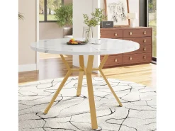 Mesa de comedor redonda para 4-6 personas - patas de metal dorado - blanco (100 x 100 x 75 cm)