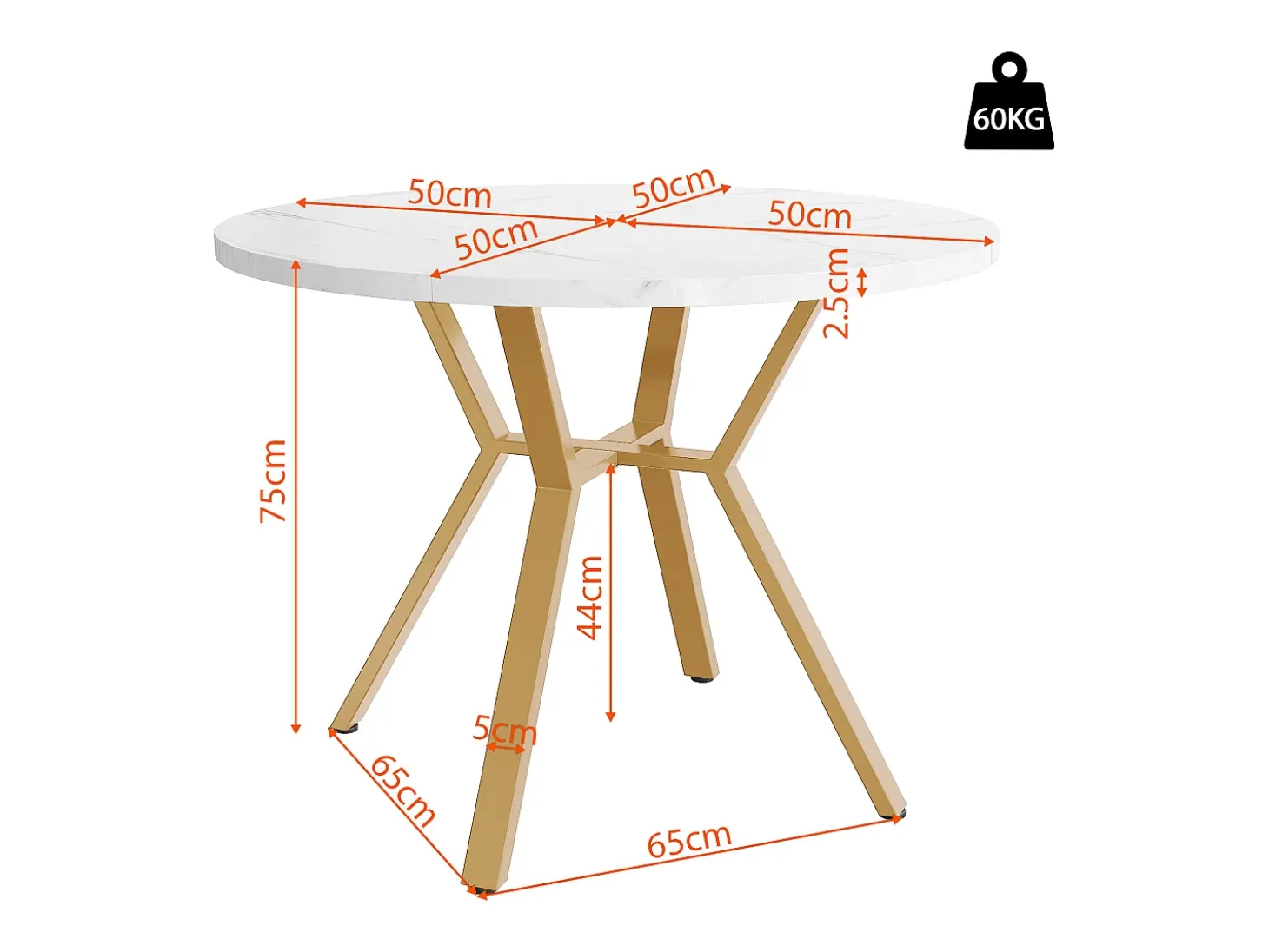 Mesa de comedor redonda para 4-6 personas - patas de metal dorado - blanco (100 x 100 x 75 cm)