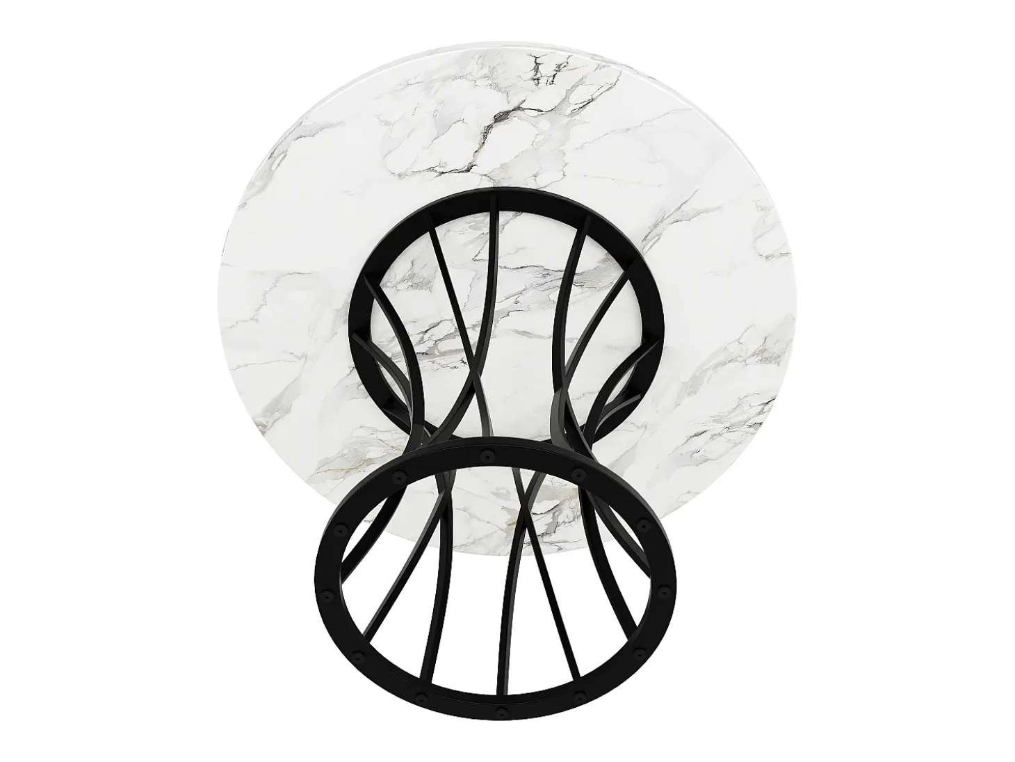 Mesa de comedor redonda para 4 personas con tapa chapada en mármol blanco y patas de metal negro.