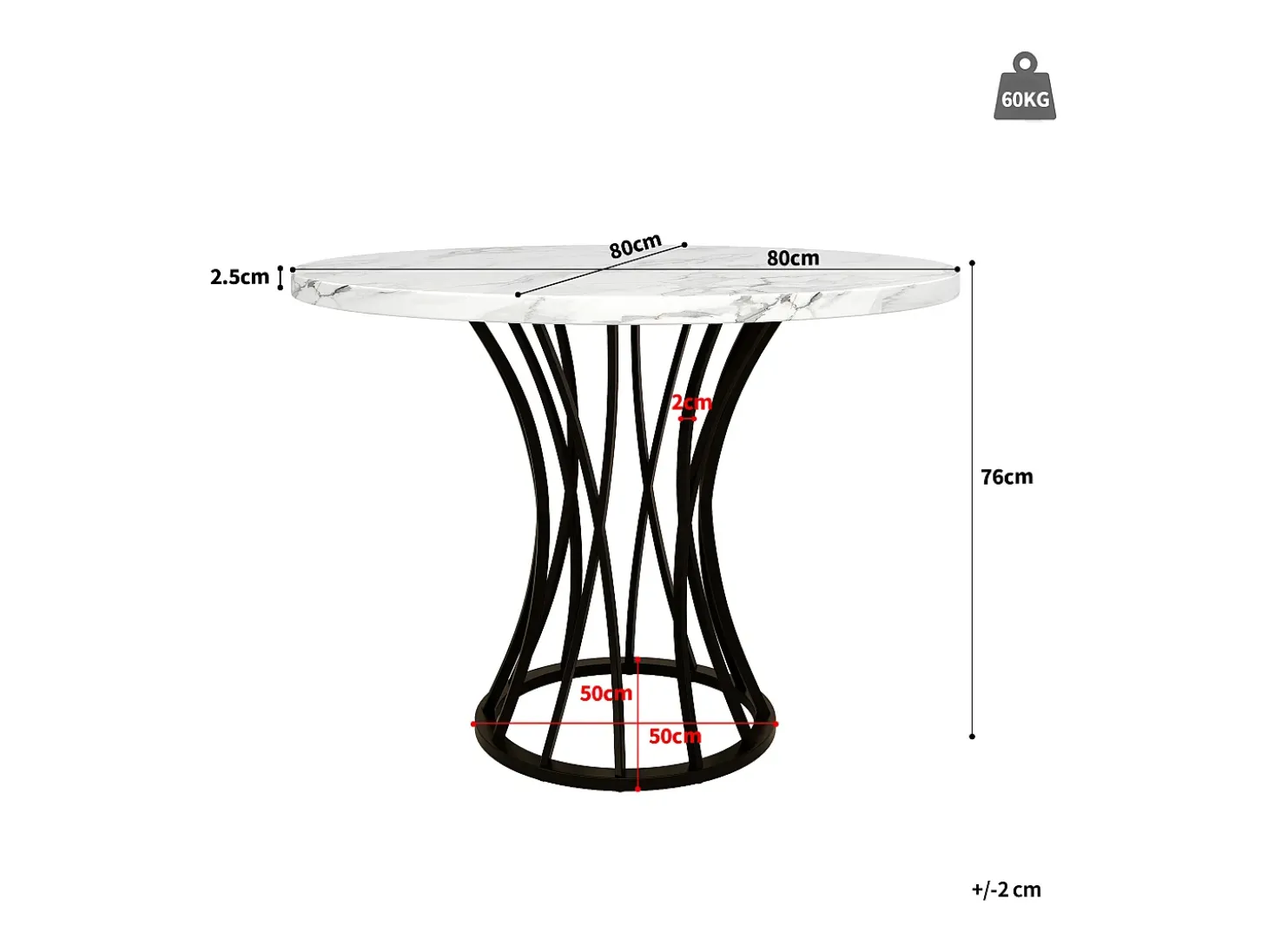 Mesa de comedor redonda para 4 personas con tapa chapada en mármol blanco y patas de metal negro.