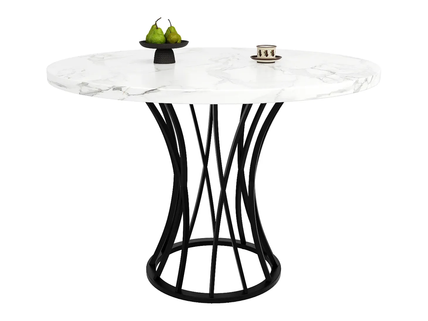 Mesa de comedor redonda para 4 personas con tapa chapada en mármol blanco y patas de metal negro.