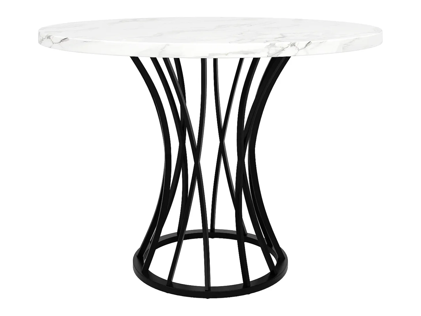 Mesa de comedor redonda para 4 personas con tapa chapada en mármol blanco y patas de metal negro.