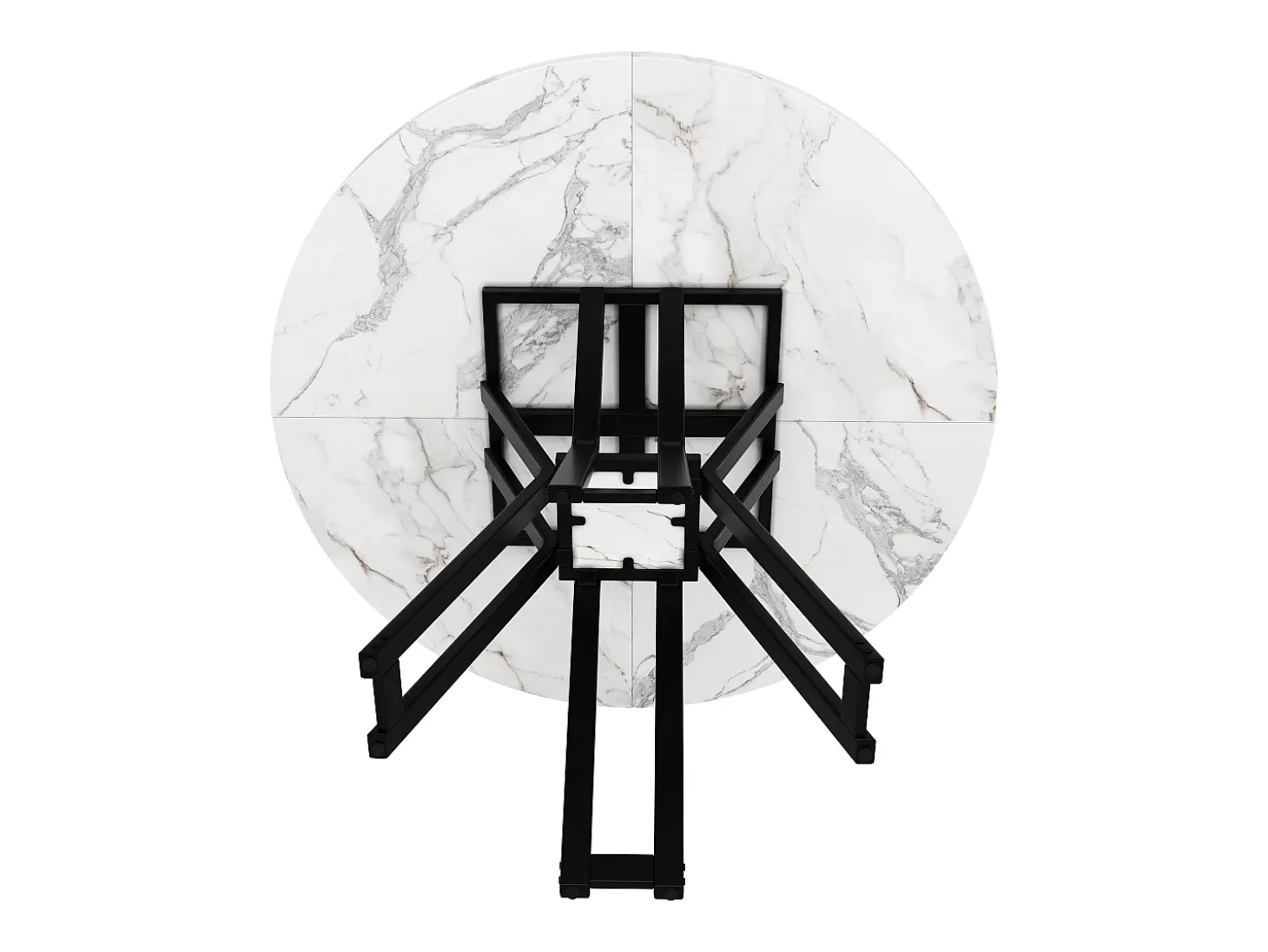 Mesa de comedor redonda para 4 personas, tapa chapada en mármol blanco con patas cruzadas de metal negro - 100x100x76cm