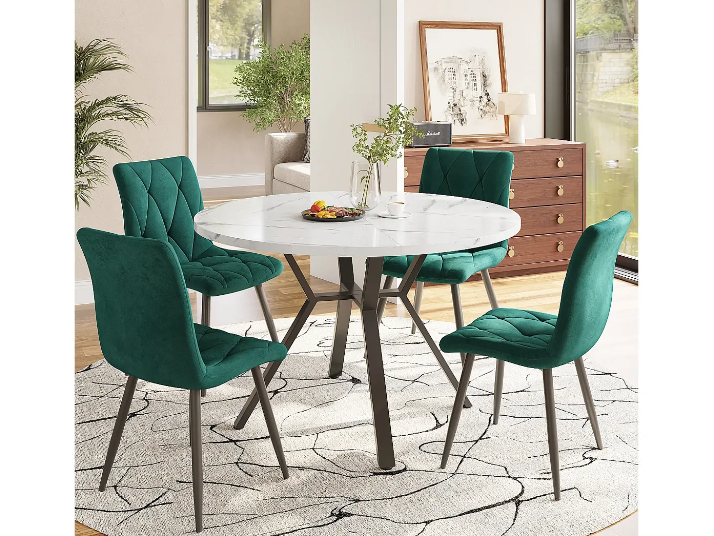 Mesa de comedor redonda para 4-6 personas - patas de metal negro - blanco (100 x 100 x 75 cm)