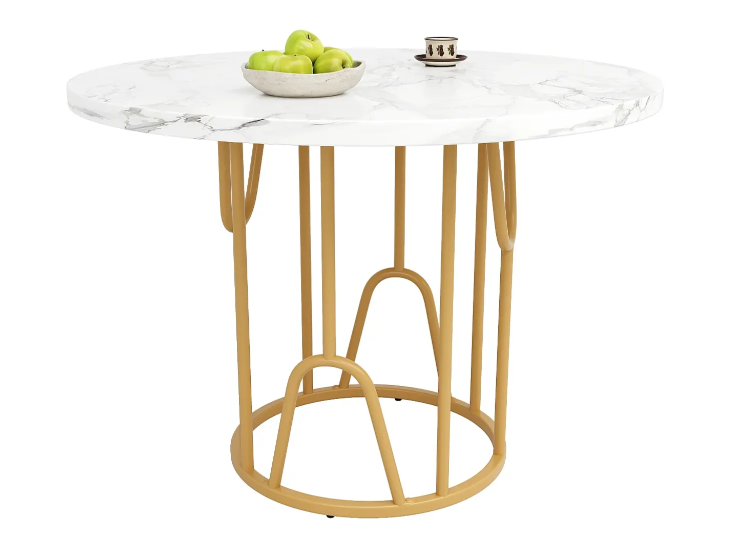 Mesa de comedor redonda para 2 personas, tapa chapada en mármol blanco con patas centrales de metal dorado - 80x80x76cm