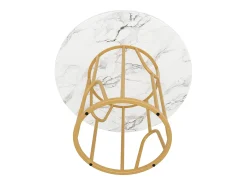 Mesa de comedor redonda para 2 personas, tapa chapada en mármol blanco con patas centrales de metal dorado - 80x80x76cm