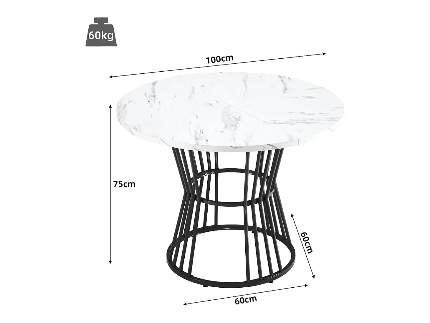 Mesa de comedor redonda para 4 a 6 personas - P 100 x A 75 cm - Madera MDF y metal - Motivo mármol - Blanco + negro