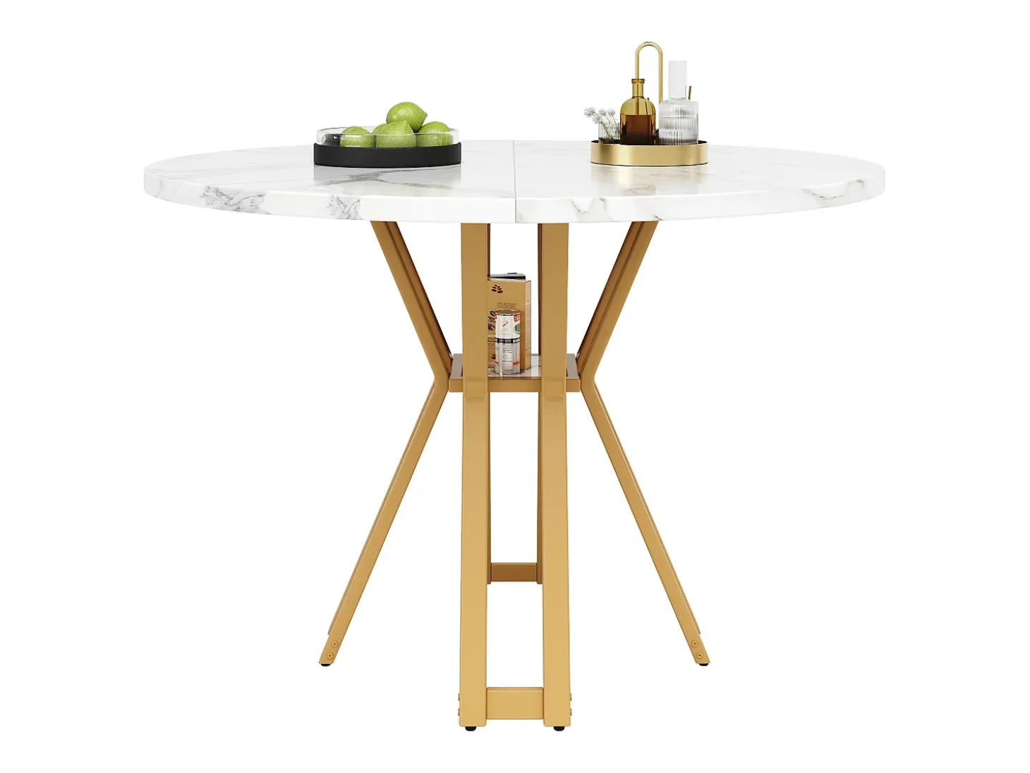Mesa de comedor redonda, patas de metal dorado, tablero de MDF efecto mármol, (100x100x76 cm)