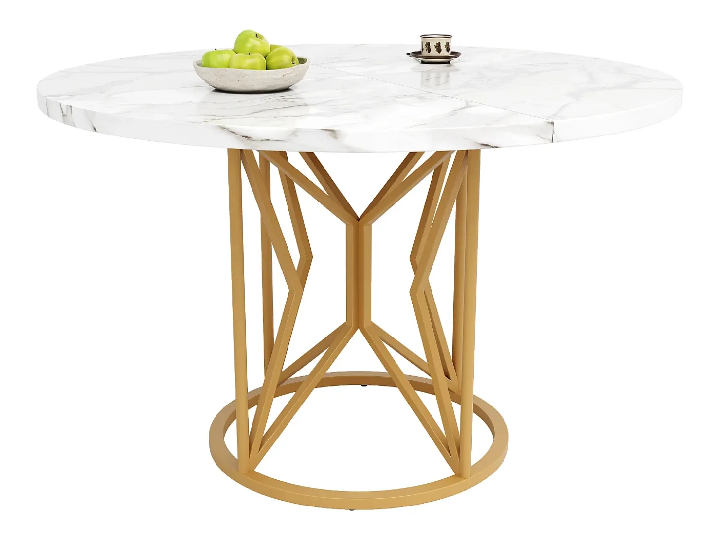 Mesa de comedor redonda para 4 personas, tapa chapada en mármol blanco con patas centrales de metal dorado - 100x100x76cm