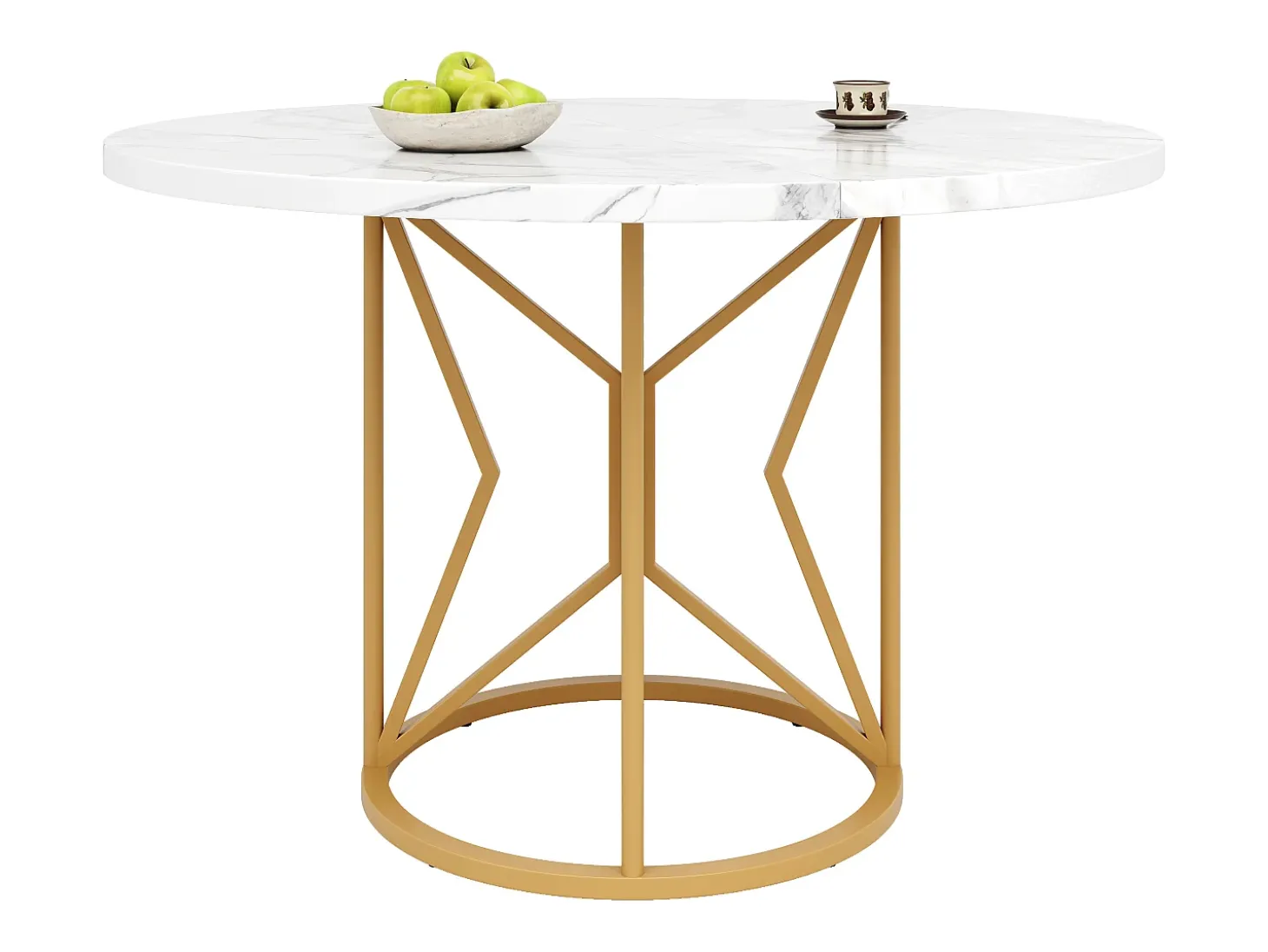 Mesa de comedor redonda para 4 personas, tapa chapada en mármol blanco con patas centrales de metal dorado - 100x100x76cm