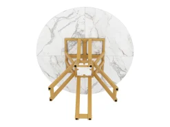Mesa de comedor redonda para 4 personas, tapa chapada en mármol blanco con patas cruzadas de metal dorado - 100x100x76cm