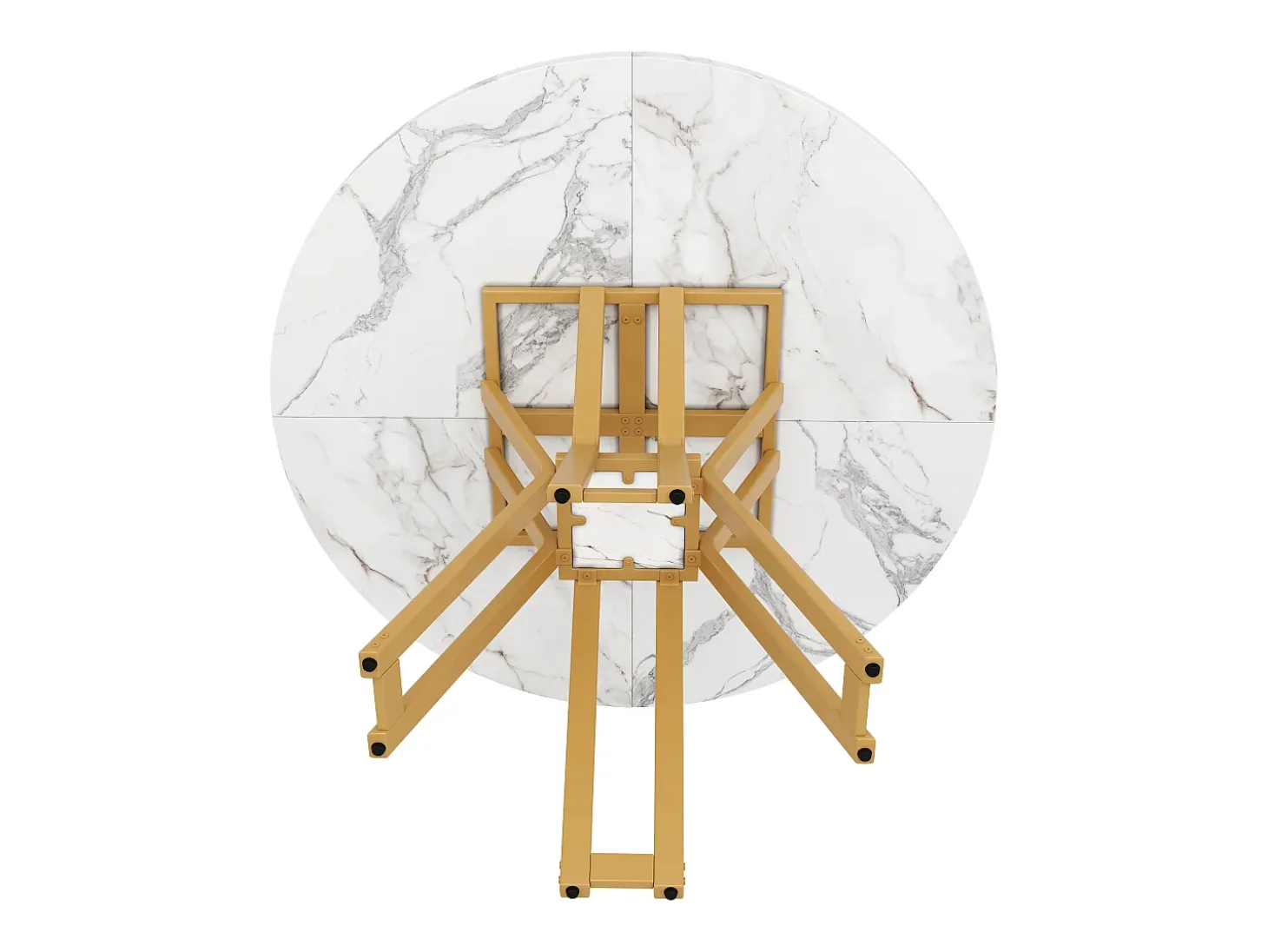 Mesa de comedor redonda para 4 personas, tapa chapada en mármol blanco con patas cruzadas de metal dorado - 100x100x76cm