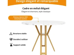 Mesa de comedor redonda para 4 personas, tapa chapada en mármol blanco con patas cruzadas de metal dorado - 100x100x76cm
