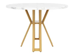 Mesa de comedor redonda para 4 personas, tapa chapada en mármol blanco con patas cruzadas de metal dorado - 100x100x76cm