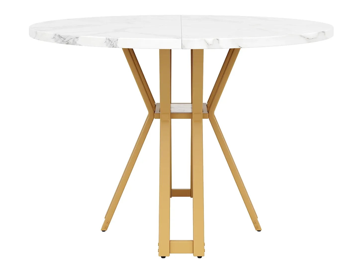 Mesa de comedor redonda para 4 personas, tapa chapada en mármol blanco con patas cruzadas de metal dorado - 100x100x76cm