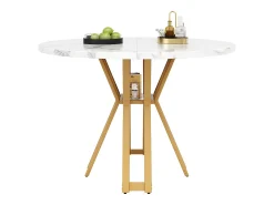 Mesa de comedor redonda para 4 personas, tapa chapada en mármol blanco con patas cruzadas de metal dorado - 100x100x76cm