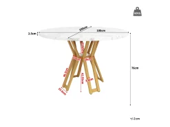 Mesa de comedor redonda para 4 personas, tapa chapada en mármol blanco con patas cruzadas de metal dorado - 100x100x76cm