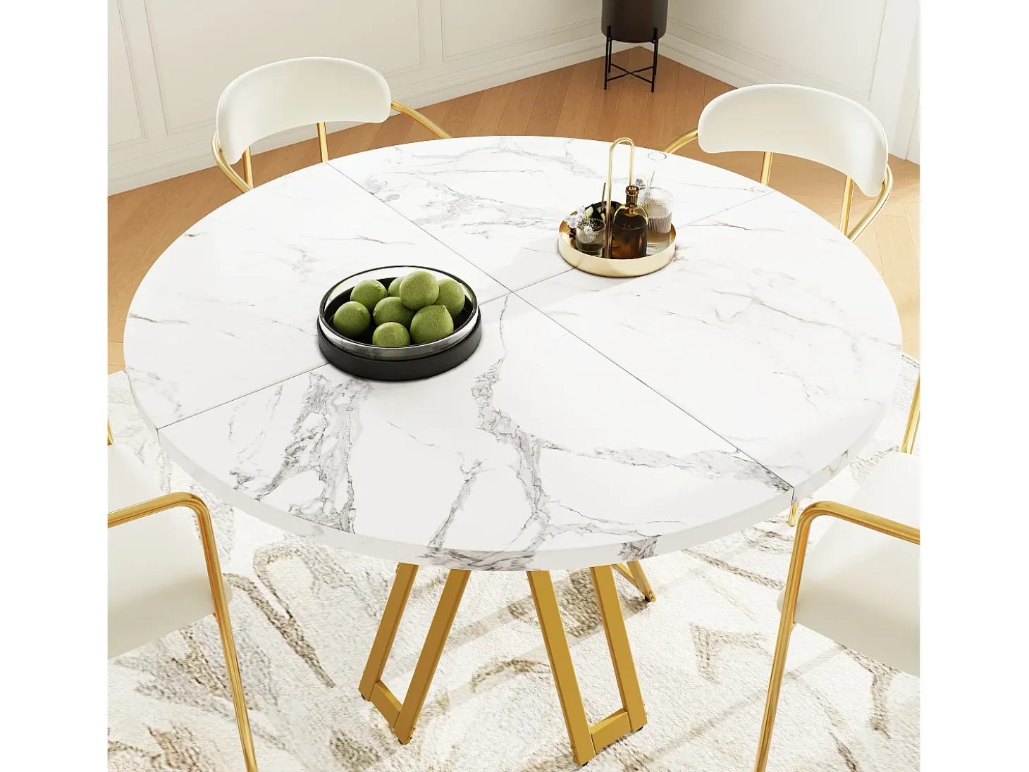 Mesa de comedor redonda para 4 personas, tapa chapada en mármol blanco con patas cruzadas de metal dorado - 100x100x76cm