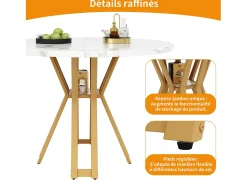Mesa de comedor redonda para 4 personas, tapa chapada en mármol blanco con patas cruzadas de metal dorado - 100x100x76cm