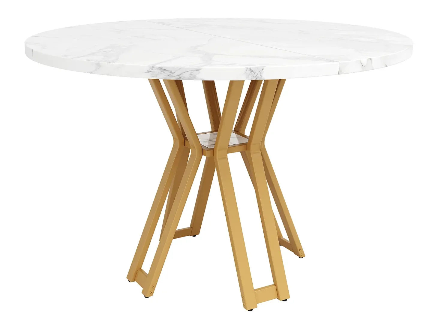 Mesa de comedor redonda para 4 personas, tapa chapada en mármol blanco con patas cruzadas de metal dorado - 100x100x76cm
