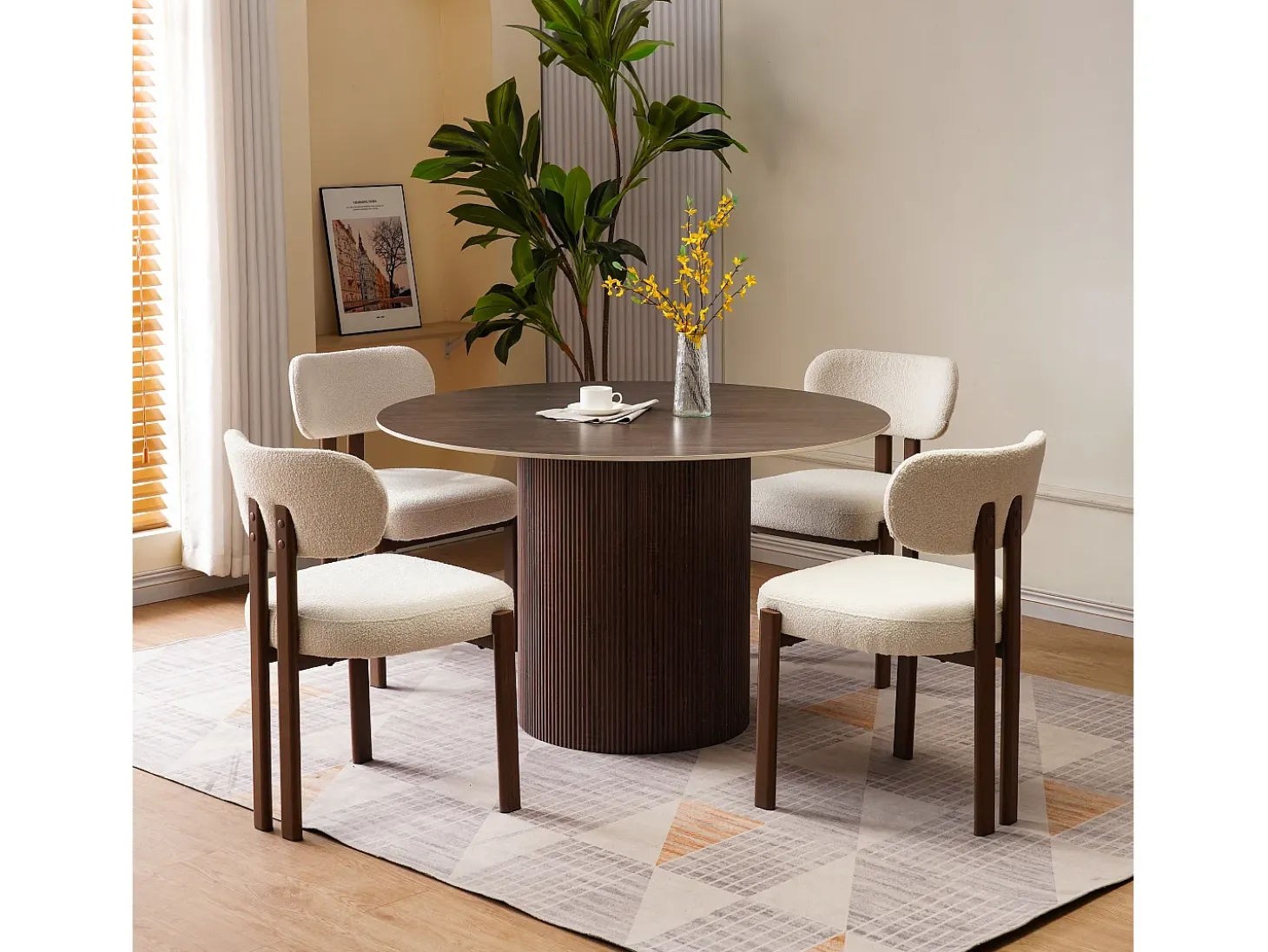 Mesa de comedor redonda para 4 personas - Tablero de cerámica efecto nogal - Natural oscuro - ESME