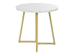 Mesa de comedor redonda para 4 personas en MDF, tapa chapada en mármol blanco, patas de metal dorado.